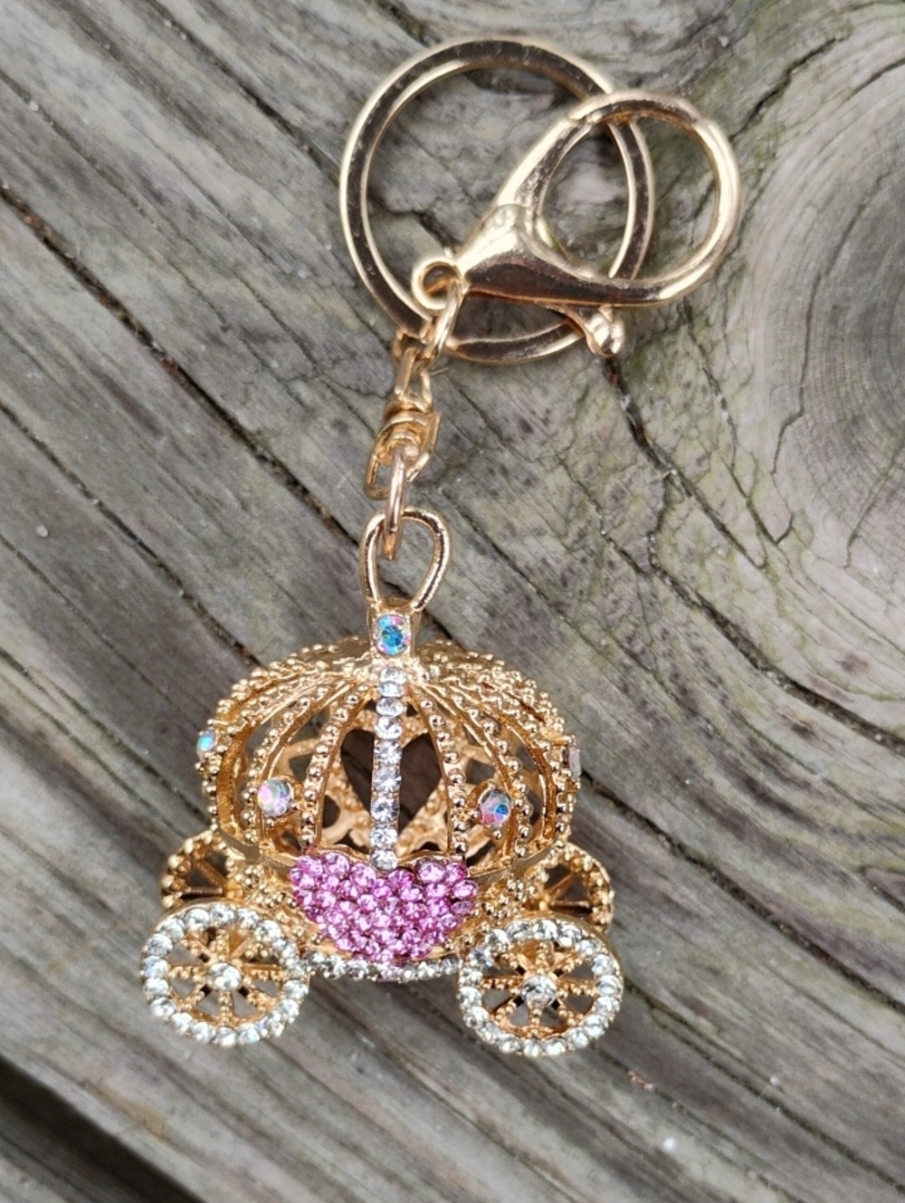 Gold Pink Rhinestone Carriage  Bag Charm/Keychain - Women Accessories